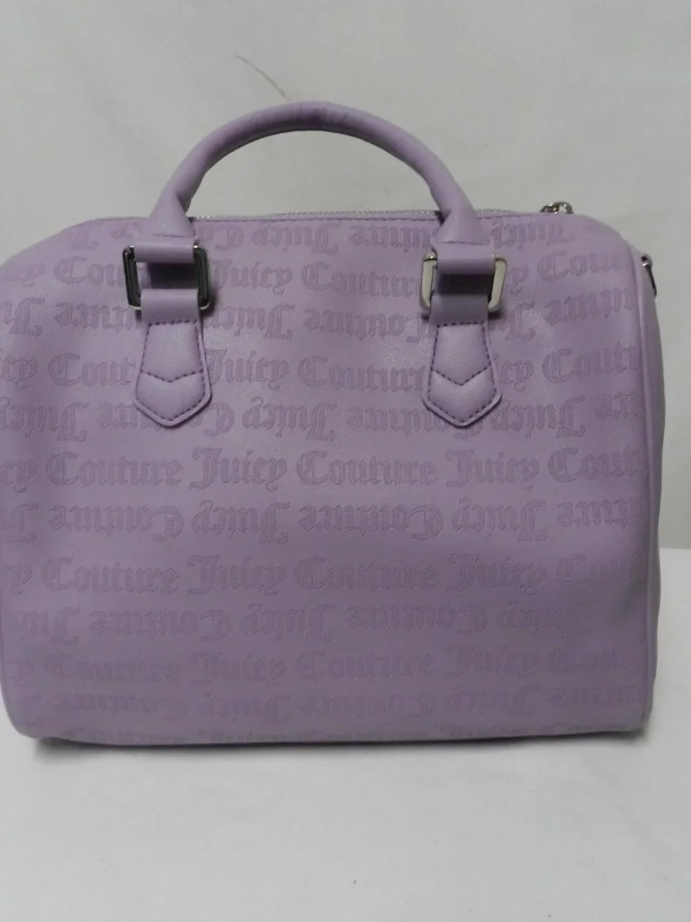 Juicy Couture faux leather barrel tote bag purse Purple zip top  Chain w/ Jewels